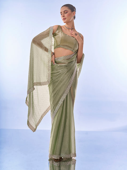 Pista Green Organza Saree With Blouse Piece