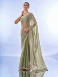 Pista Green Organza Saree With Blouse Piece