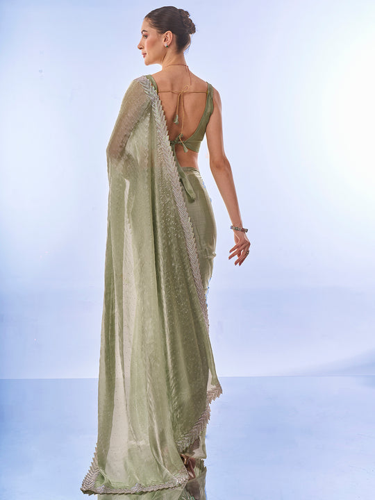Pista Green Organza Saree With Blouse Piece
