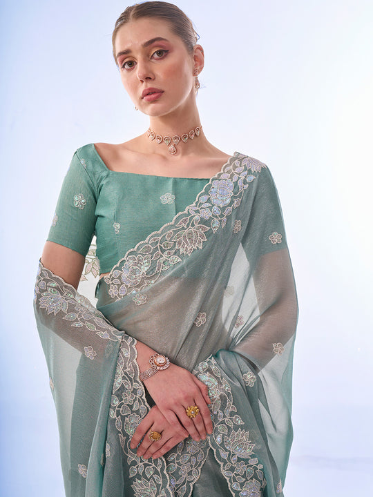 Sea Green Chiffon Saree With Blouse Piece