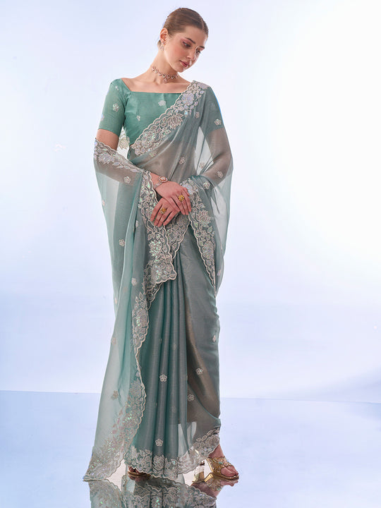 Sea Green Chiffon Saree With Blouse Piece
