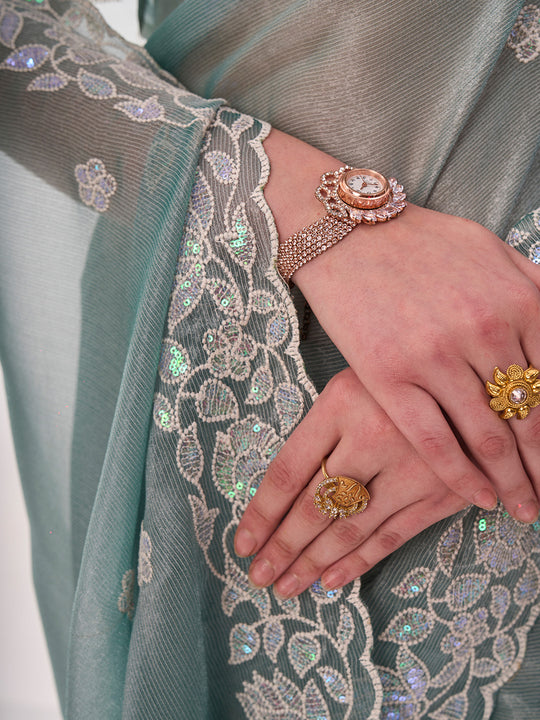 Sea Green Chiffon Saree With Blouse Piece