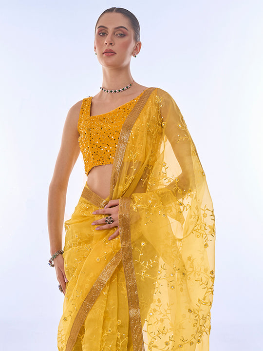 Yellow Net Saree With Blouse Piece