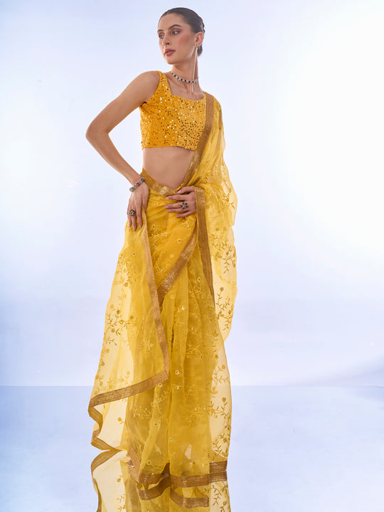 Yellow Net Saree With Blouse Piece
