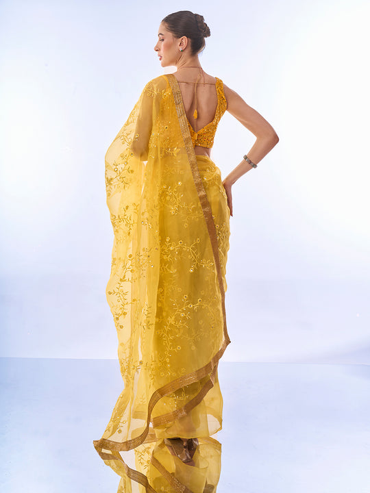 Yellow Net Saree With Blouse Piece