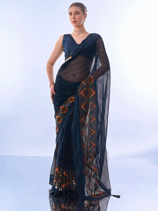 Teal Chiffon Saree With Blouse Piece