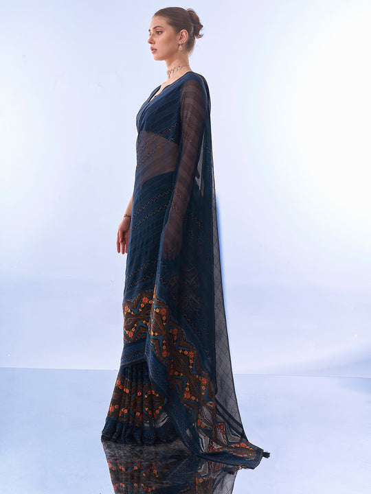 Teal Chiffon Saree With Blouse Piece