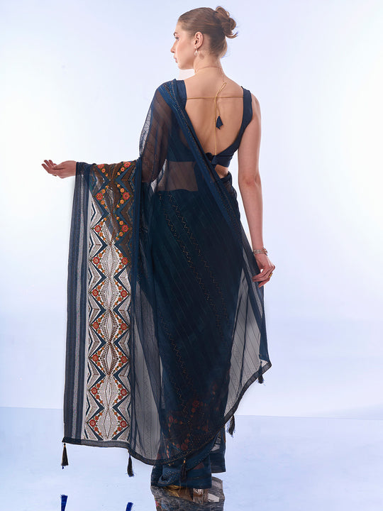 Teal Chiffon Saree With Blouse Piece