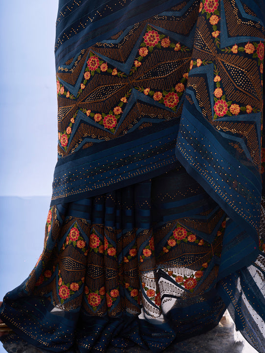 Teal Chiffon Saree With Blouse Piece