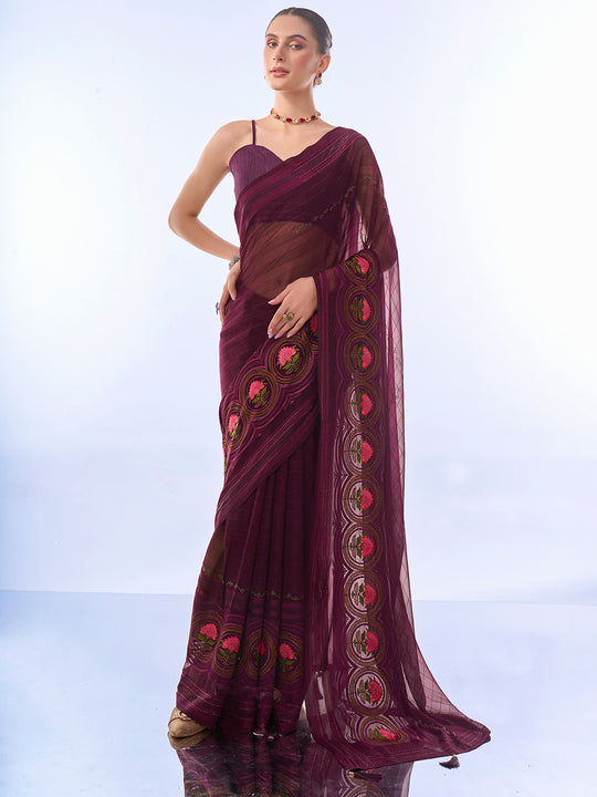 Wine Chiffon Saree With Blouse Piece