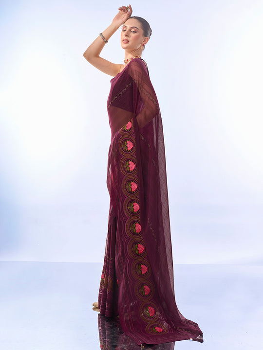 Wine Chiffon Saree With Blouse Piece