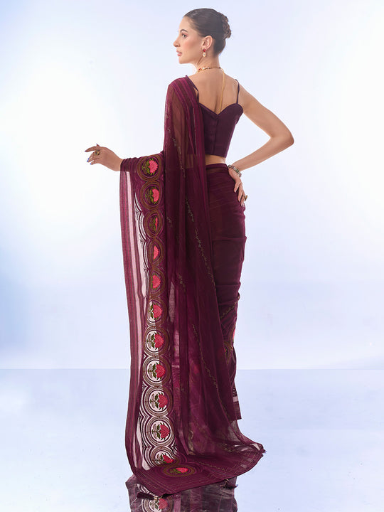 Wine Chiffon Saree With Blouse Piece