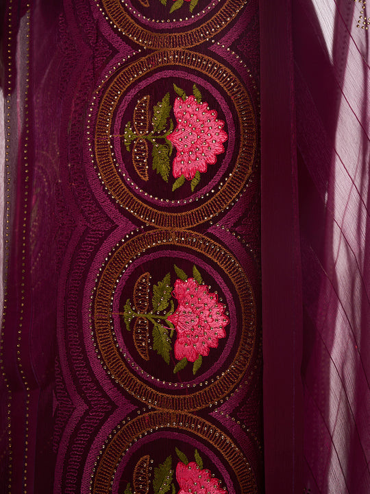 Wine Chiffon Saree With Blouse Piece