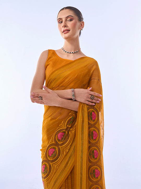 Mustard Chiffon Saree With Blouse Piece