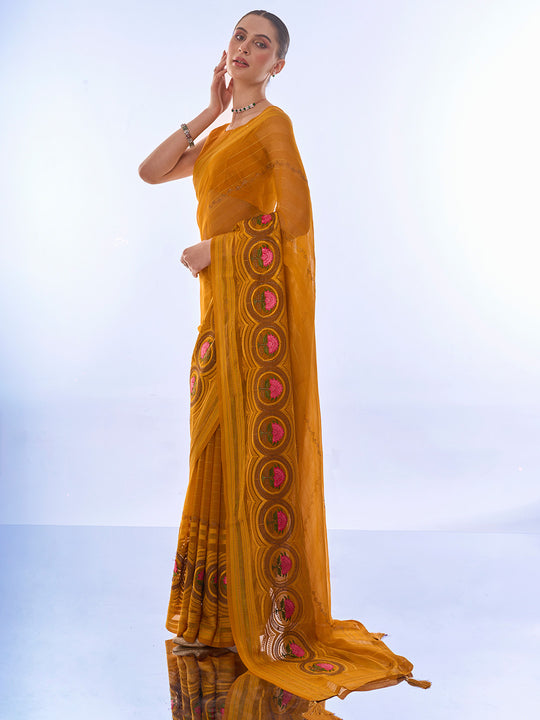 Mustard Chiffon Saree With Blouse Piece