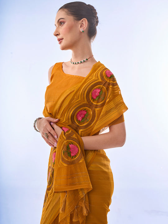 Mustard Chiffon Saree With Blouse Piece