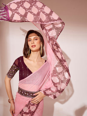 Pink Printed Georgette Saree With Blouse Piece