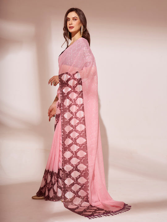 Pink Printed Georgette Saree With Blouse Piece