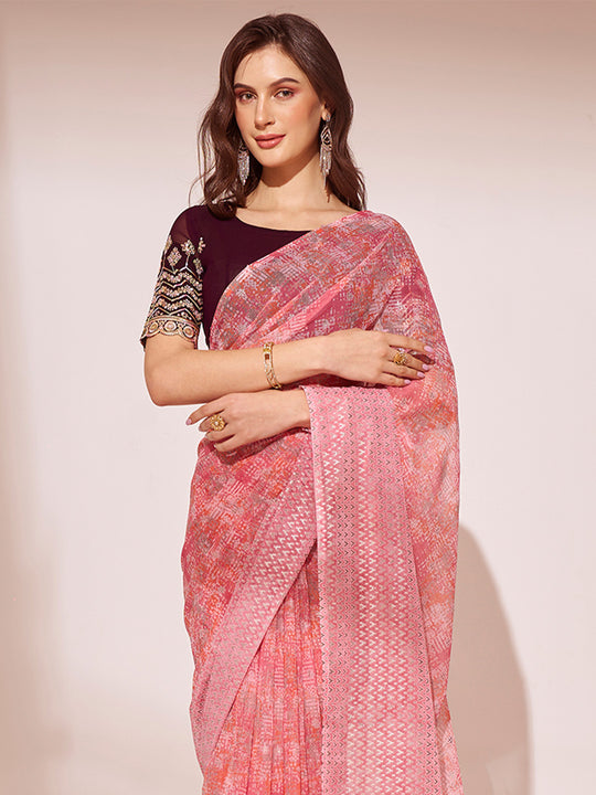 Pink Georgette Saree With Blouse Piece