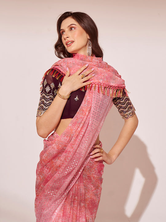 Pink Georgette Saree With Blouse Piece