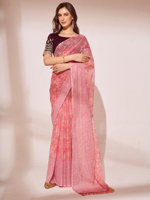 Pink Georgette Saree With Blouse Piece