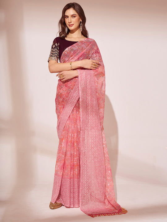 Pink Georgette Saree With Blouse Piece