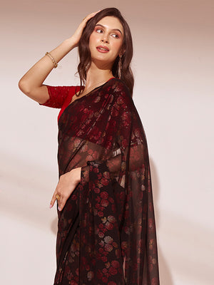 Black Printed Georgette Saree With Blouse Piece