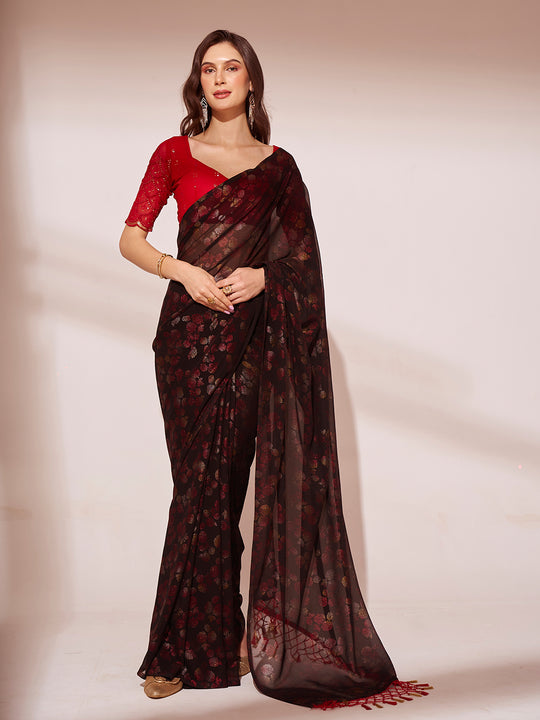 Black Printed Georgette Saree With Blouse Piece