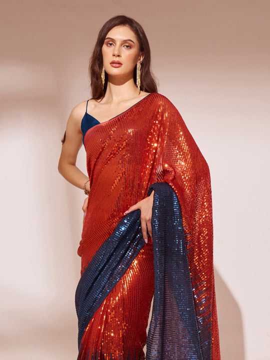 Navy Blue & Rust Georgette Saree With Blouse Piece