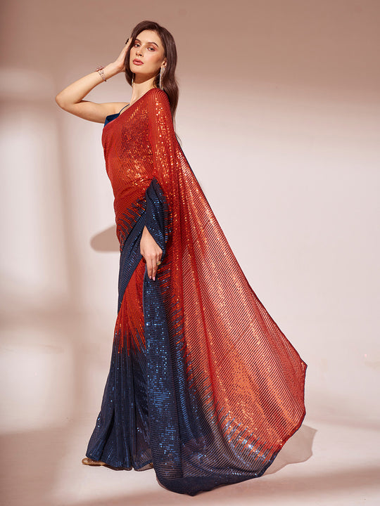 Navy Blue & Rust Georgette Saree With Blouse Piece