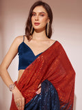 Navy Blue & Rust Georgette Saree With Blouse Piece