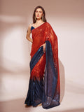 Navy Blue & Rust Georgette Saree With Blouse Piece
