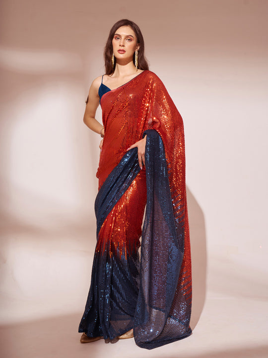 Navy Blue & Rust Georgette Saree With Blouse Piece
