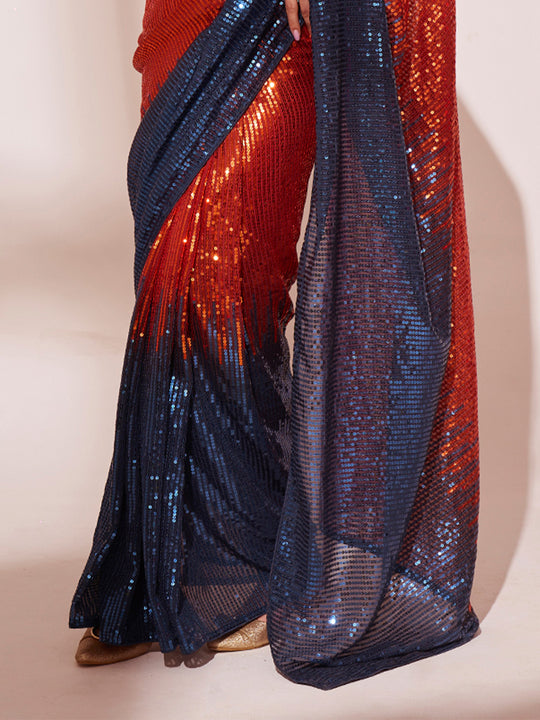 Navy Blue & Rust Georgette Saree With Blouse Piece