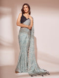 Blue Printed Georgette Saree With Blouse Piece