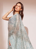 Blue Printed Georgette Saree With Blouse Piece