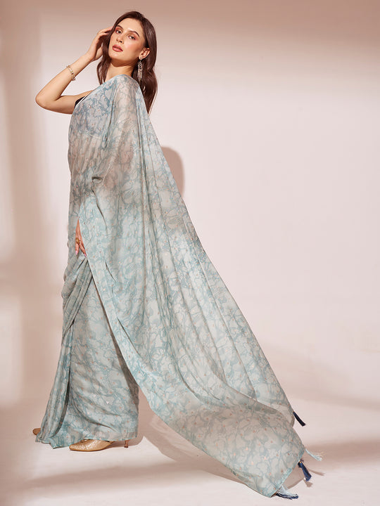 Blue Printed Georgette Saree With Blouse Piece