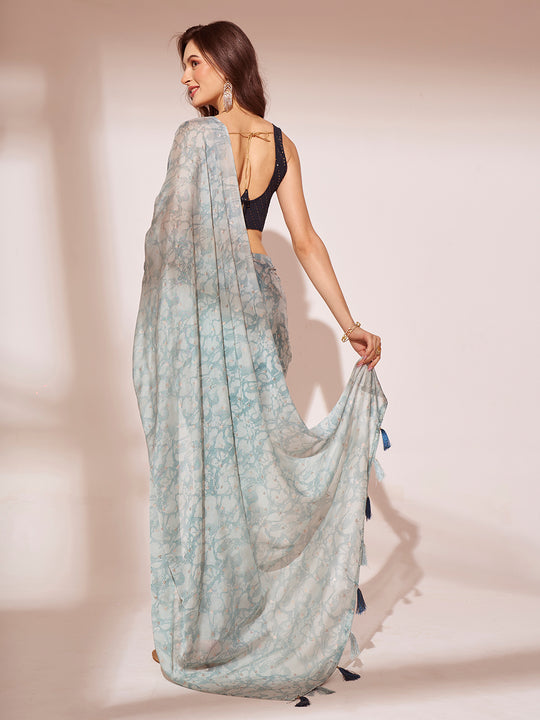 Blue Printed Georgette Saree With Blouse Piece