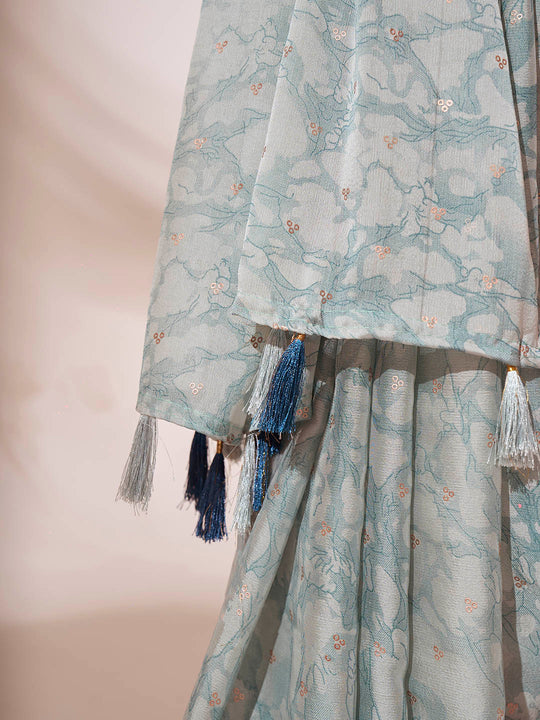 Blue Printed Georgette Saree With Blouse Piece