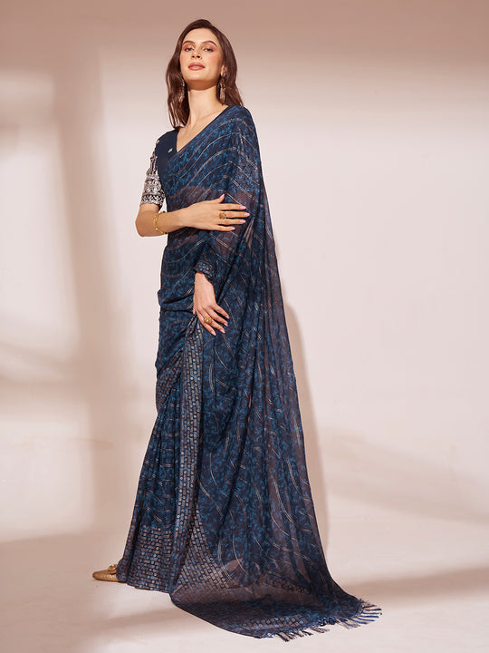 Navy Blue Printed Georgette Saree With Blouse Piece