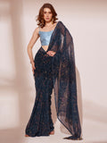 Navy Blue Printed Georgette Saree With Blouse Piece