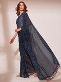 Navy Blue Printed Georgette Saree With Blouse Piece
