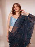 Navy Blue Printed Georgette Saree With Blouse Piece