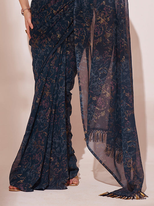 Navy Blue Printed Georgette Saree With Blouse Piece