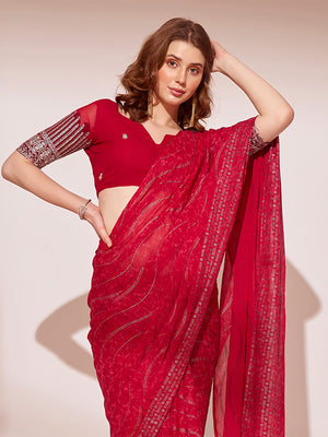 Red Printed Georgette Saree With Blouse Piece