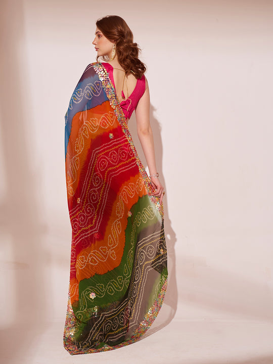 Multicolor Georgette Saree With Blouse Piece