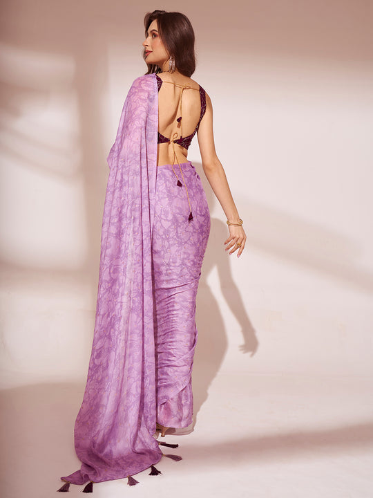 Lavender Printed Georgette Saree With Blouse Piece