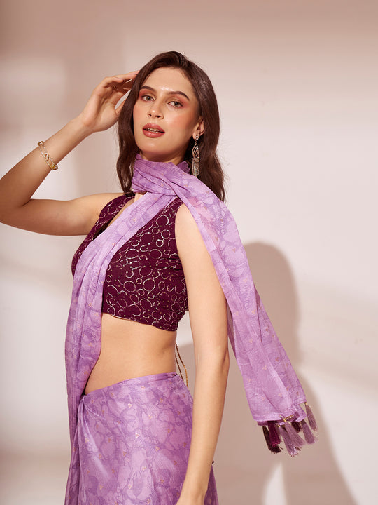Lavender Printed Georgette Saree With Blouse Piece
