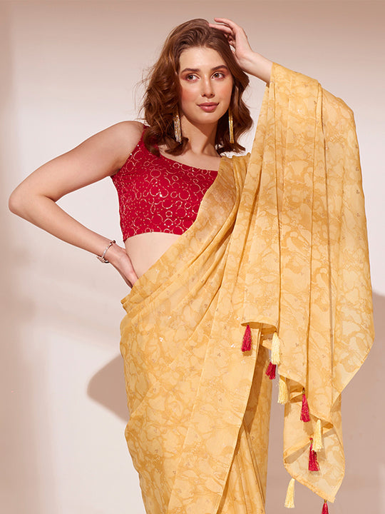 Yellow Printed Georgette Saree With Blouse Piece
