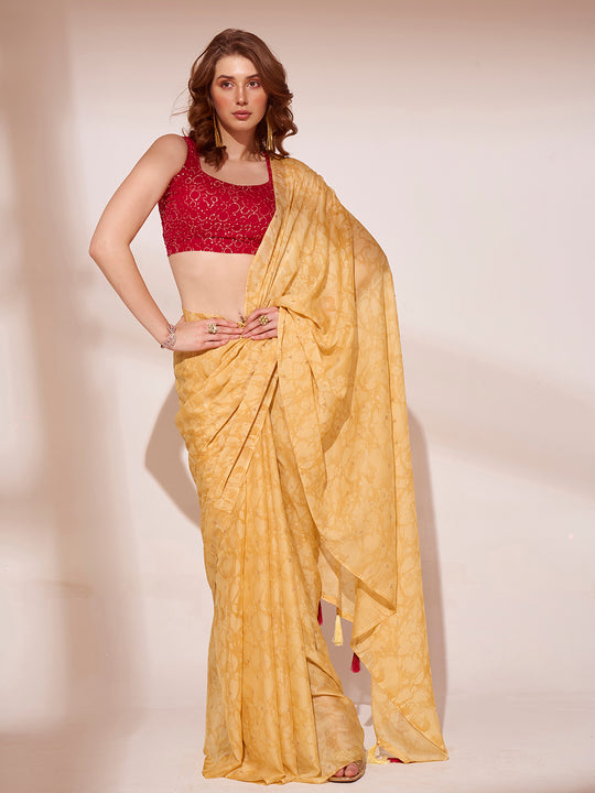 Yellow Printed Georgette Saree With Blouse Piece